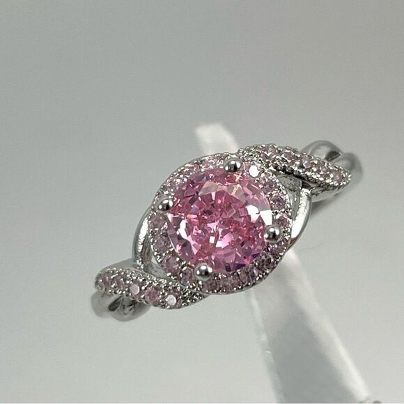 Beautiful Cute Dainty Pink Sapphire CZ Halo Silver Plated Ring Exquisite - Picture 1 of 2